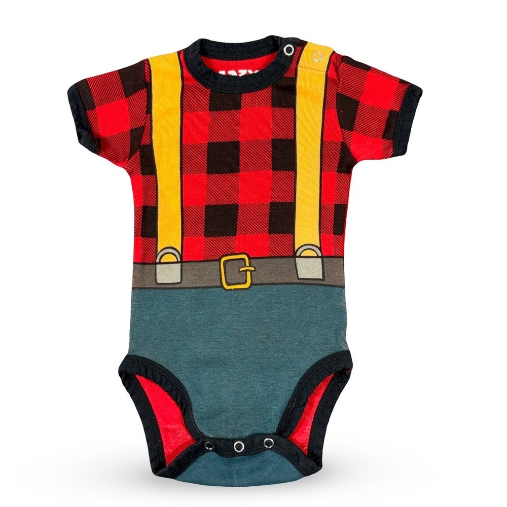 Lazy One Baby Creeper Bodysuit 6M Red Plaid Lumberjack Costume Suspenders Belt